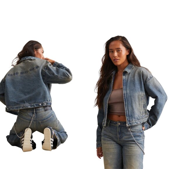 RARE DNM EDIT Medium Blue Embossed Denim Cropped Gas Jacket, Medium Indigo - NWT - Picture 1 of 6
